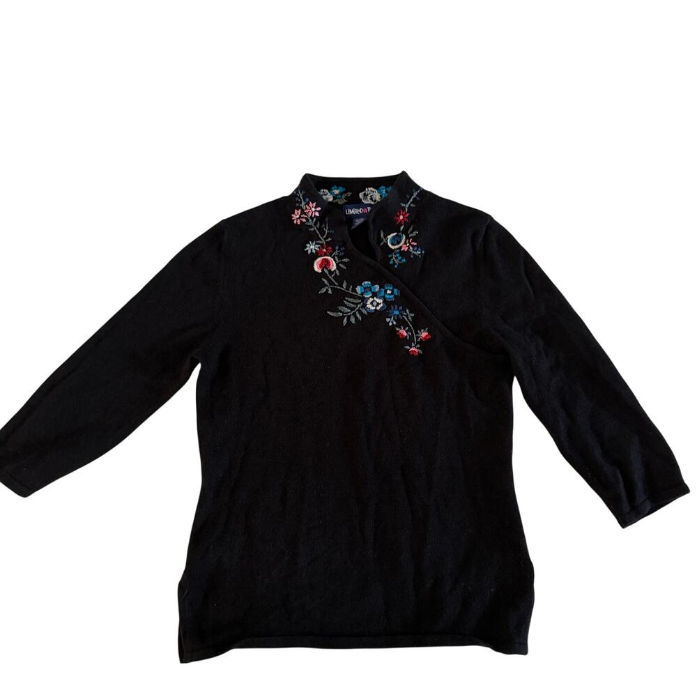 Vtg Y2K 2000s Black Embroidered Mandarin COllar Sweater Top Sz L